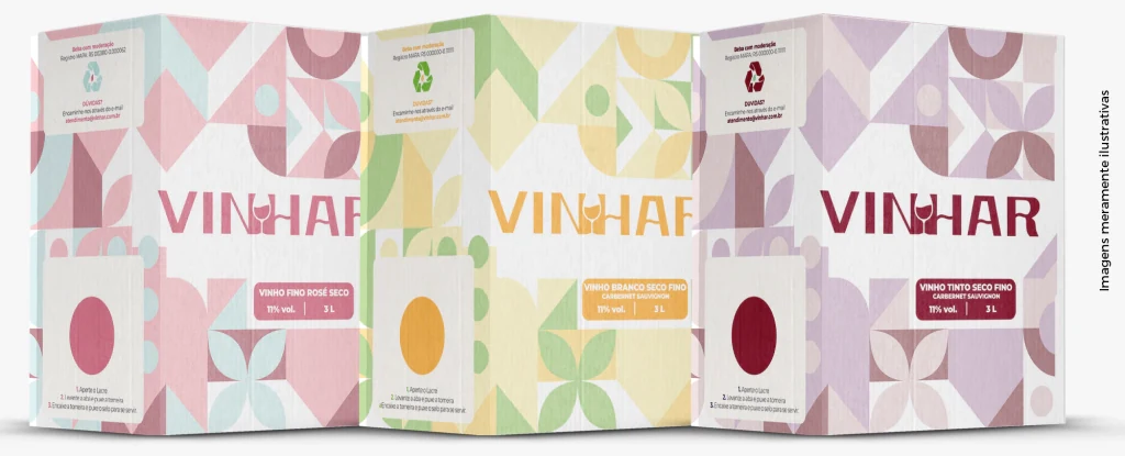 As tr&ecirc;s bag-in-box da Vinhar lado a lado: ros&eacute;, branco e tinto, de 3 litros cada