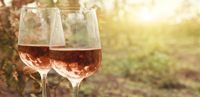 Duas ta&ccedil;as de vinho ros&eacute; ao ar livre